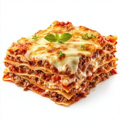 Baked lasagna with layers of meat, cheese, and tomato sauce, isolated on white background.