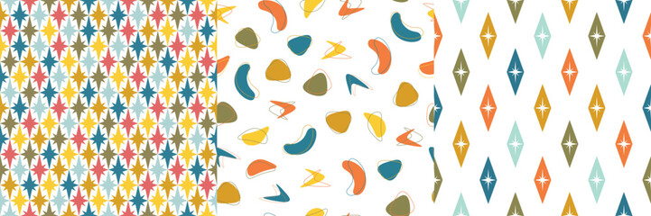 Collection of 3 colorful retro seamless vector textures