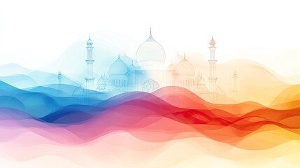 Obraz premium Colorful abstract design featuring a mosque silhouette.