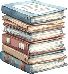 Vector watercolor painted illustration of a stack of papers and books