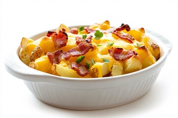 Baked Cheese Fries with Bacon in a White Bowl Ultimate Comfort Food Snack