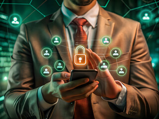 Businessman's hand pressing a social network icon on a virtual screen, symbolizing global business communication and future digital connections