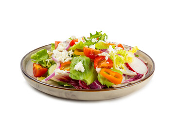 Cucumber salad isolated on white background. Homemade salad with fresh vegetables, cucumber, tomato, sweet pepper and lettuce in a plate. Vegetarian spring salad. Vegetarian diet. Healthy eating.