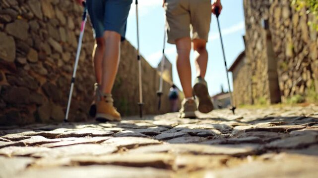 Couple walking along the path to Santiago de Compostela on a sunny day in Spain, Europe. Focus on people's legs with trail sticks.