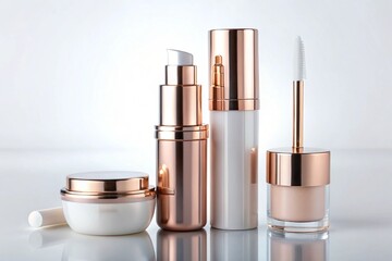 A luxurious set of skincare and makeup products in elegant rose gold and white containers