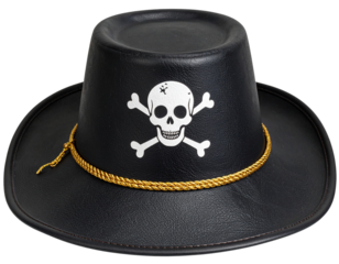 Classic Black Pirate Hat with White Skull Emblem, isolated on transparent background