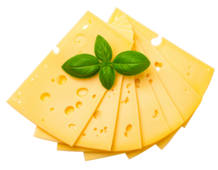Fanned Swiss Cheese Slices with Fresh Basil, isolated on a transparent background
