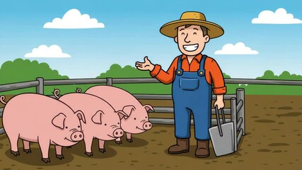Smiling farmer stands in a yard with three pigs under clear skies and vibrant green fields - Powered by Adobe