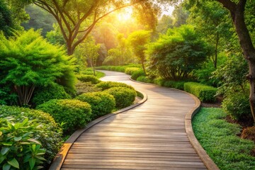 Fototapeta premium A winding wooden path curves through a lush green park bathed in sunlight