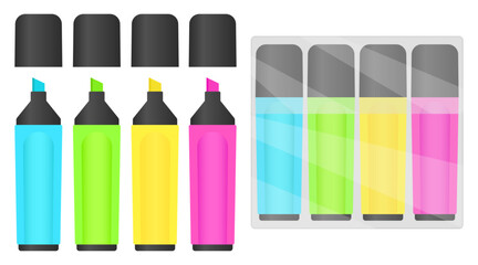 Flat design vector of neon highlighters in pink, green, blue, and yellow with caps and case.