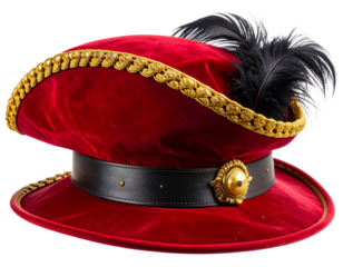 Elegant Red Velvet Pirate Captain Hat with Gold Trims, isolated on transparent background