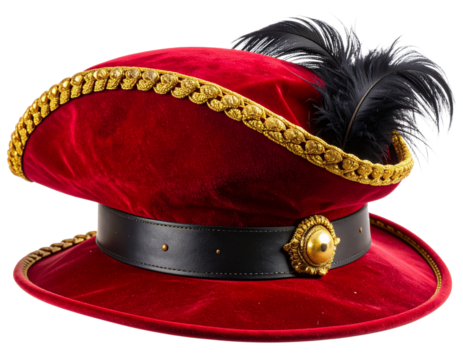 Elegant Red Velvet Pirate Captain Hat with Gold Trims, isolated on transparent background