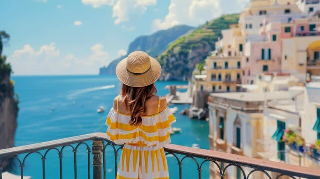 Fashion young woman on terrace in summer dress and hat on sunny day on Southern Italy Coast	