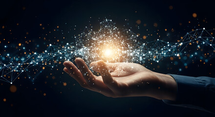 A hand gently cradles a glowing, interconnected network of digital data points, symbolizing innovation and technological control.