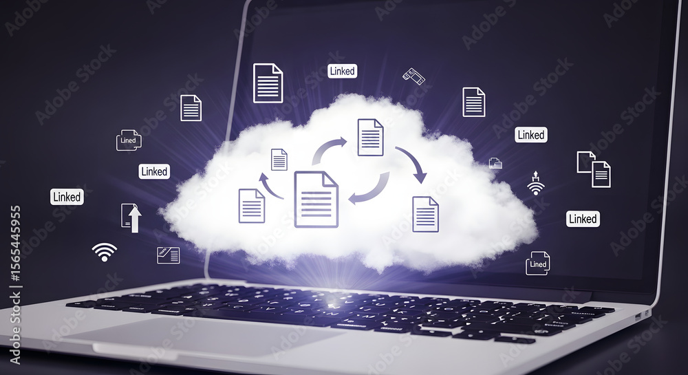 Poster cloud computing data storage and sharing visualized on a laptop screen.
