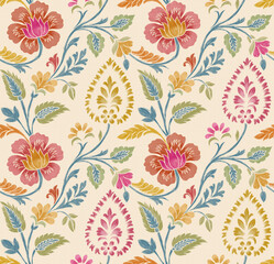 Watercolor Indian Mughal Floral Seamless Pattern, digital and textile print design for wallpaper, rug, fabric