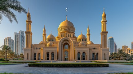 Obraz premium Golden mosque at dawn, modern architecture, cityscape