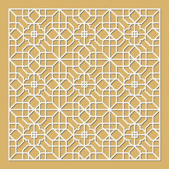 Laser cut pattern. Vector of cutting templates with abstract geometric ornament, grid, mesh, lines, chevron. Decorative stencil for laser cut of wood, metal, plastic. Aspect ratio 1:1	
