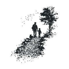 Silhouette of adult and child walking with dog on pathway beside tree