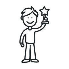 Cartoon drawing of smiling stick figure male holding a star trophy