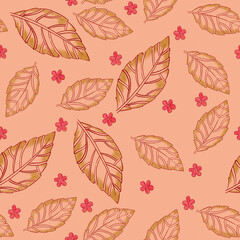 Autumn Leaves and Blossom Seamless Pattern Peach, digital and textile print design for wallpaper, rug, fabric