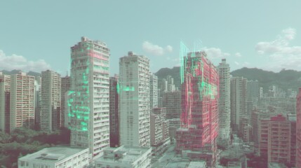 A cityscape view of modern buildings with overlayed digital elements.