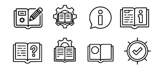 Open books with informational symbols and tools pencil gear