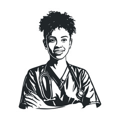 Illustration of african female young nurse with stethoscope, arms crossed