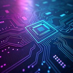 Futuristic circuit board with glowing neon lines and central processor chip