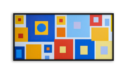 Colorful abstract painting with squares of blue, yellow, and red