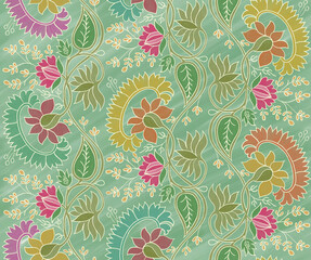 Intricate Indian Paisley and Floral Seamless Pattern, digital and textile print design for wallpaper, rug, fabric
