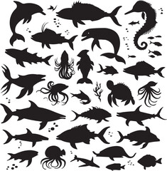 Underwater World Elements: Fish and Aquatic Animal Silhouettes