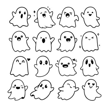 Set of Cute Cartoon Ghosts with Different Expressions