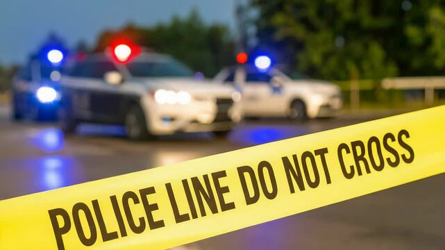 Police line marks a crime scene with police cars and flashing lights indicating investigation and security