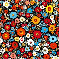 Vibrant floral pattern with many colorful flowers on a dark background.  Detailed and intricate design