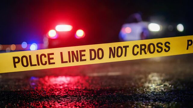 Police line do not cross with flashing lights at night scene for law enforcement and crime investigation evidence
