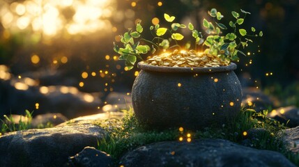 Golden Coins In A Stone Pot With Plants