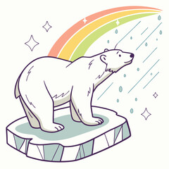 Cute Polar Bear on Ice with Rainbow and Raindrops – Environmental Cartoon Illustration