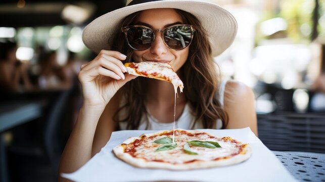 Young woman enjoying pizza slice while sitting in outdoor cafe - Powered by Adobe