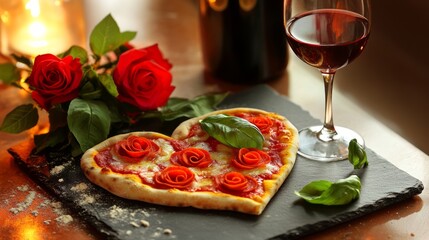 Heart-shaped pizza decorated with roses and wine on a table  