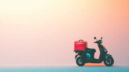 Delivery scooter with red bag parked against colorful background  