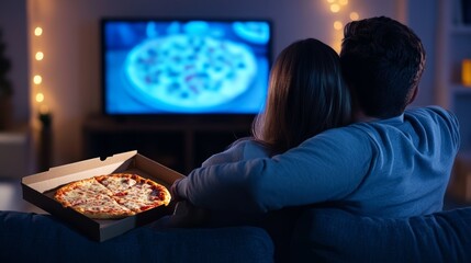 Couple enjoying pizza while watching TV in cozy living room  