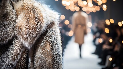 A luxury fur coat placed on the left, softly blurred high-fashion runway setting