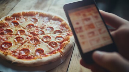 Delicious pepperoni pizza on wooden table with smartphone in hand  