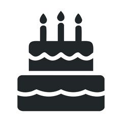 Simple birthday cake icon with candles in black and white silhouette