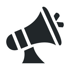 Black megaphone icon on white background: simple communication symbol