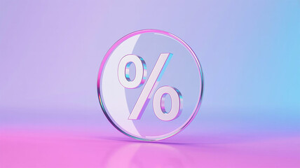 3 D Render of a Holographic Glass Circle with a White Percentage Symbol on a Lavender and Pink Gradient Background
