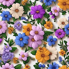 Vibrant floral pattern with various colorful flowers and leaves on a light background