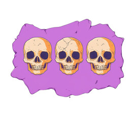 Three Colorful Skulls on a Purple Background, Graphic Design Element for Halloween or Gothic Themes