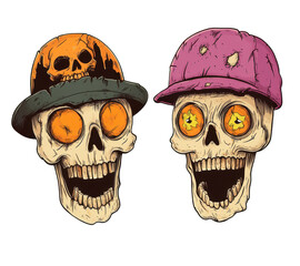 Two Colorful Cartoon Skulls with Fun Hats and Bright Eyes for Halloween or Day of the Dead Theme